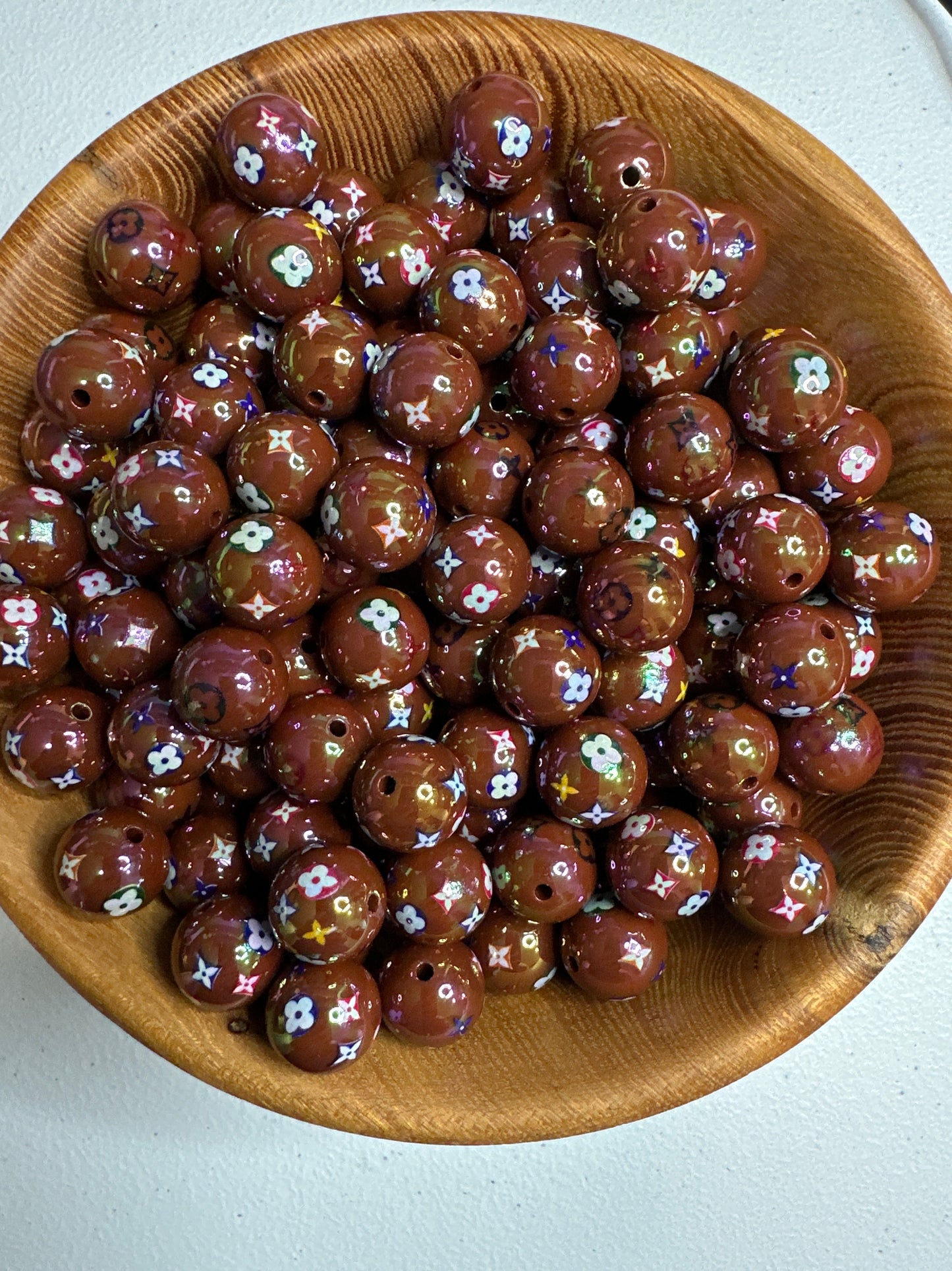 #270 Acrylic Bead 15MM - LVMULTI FLOWER BROWN IRIDENSCENT