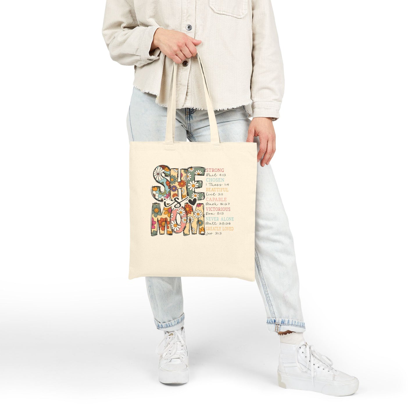 Tote Bag — "She Is Mom" Floral Canvas Tote | Mother's Day Gift, Vintage Boho Mom Tote
