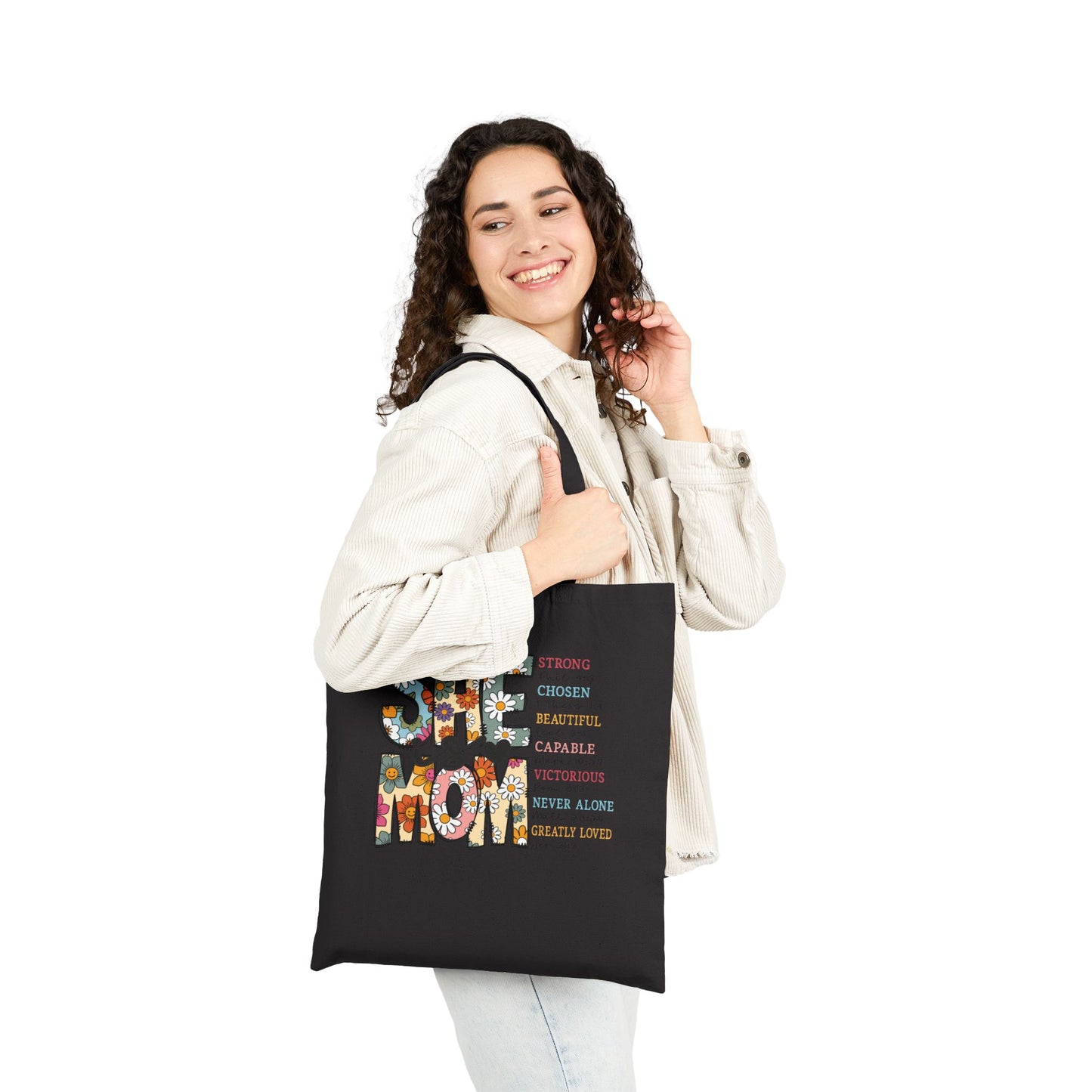 Tote Bag — "She Is Mom" Floral Canvas Tote | Mother's Day Gift, Vintage Boho Mom Tote