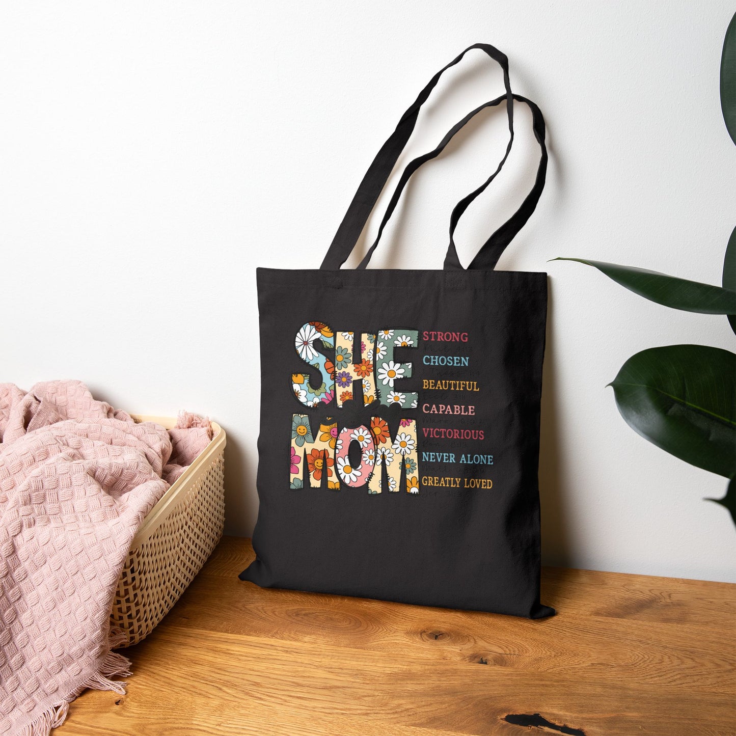 Tote Bag — "She Is Mom" Floral Canvas Tote | Mother's Day Gift, Vintage Boho Mom Tote