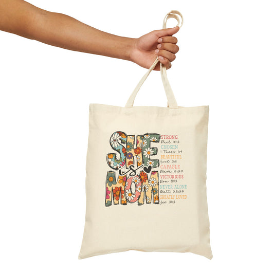 Tote Bag — "She Is Mom" Floral Canvas Tote | Mother's Day Gift, Vintage Boho Mom Tote