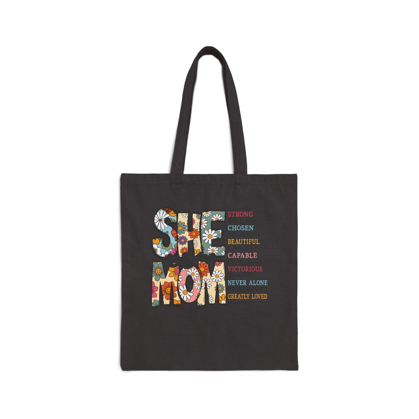 Tote Bag — "She Is Mom" Floral Canvas Tote | Mother's Day Gift, Vintage Boho Mom Tote