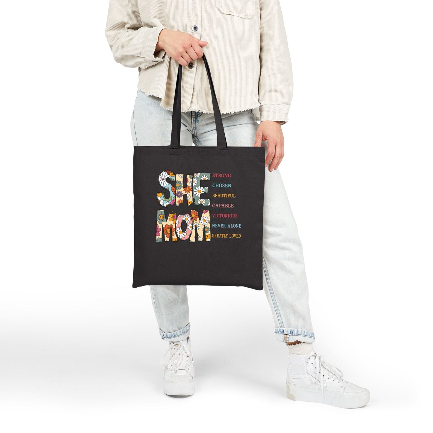 Tote Bag — "She Is Mom" Floral Canvas Tote | Mother's Day Gift, Vintage Boho Mom Tote