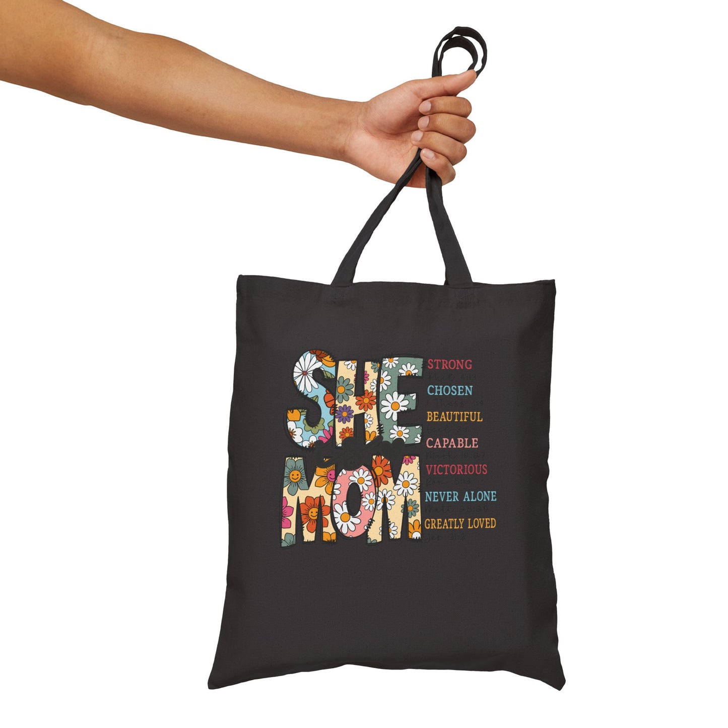 Tote Bag — "She Is Mom" Floral Canvas Tote | Mother's Day Gift, Vintage Boho Mom Tote