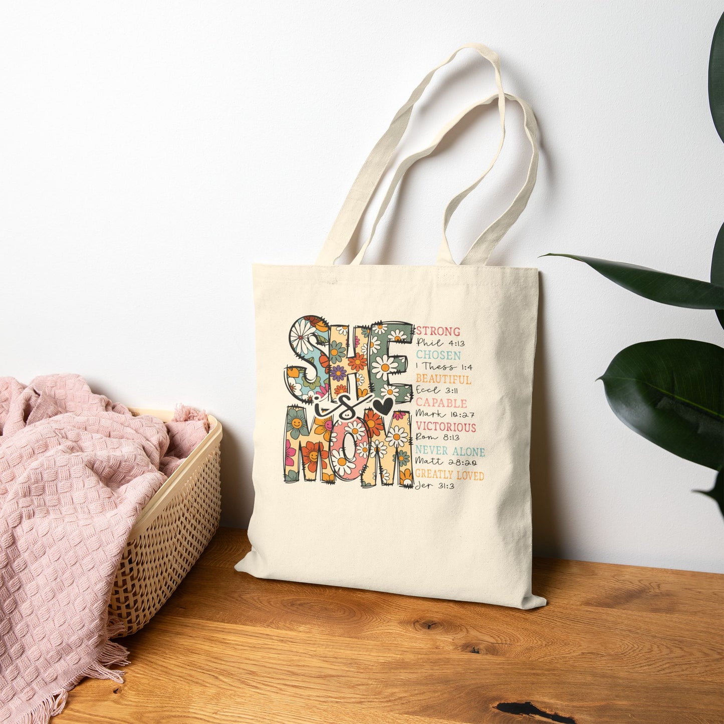 Tote Bag — "She Is Mom" Floral Canvas Tote | Mother's Day Gift, Vintage Boho Mom Tote